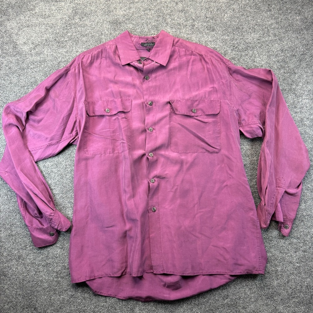 Basic Elements Shirt Mens Large Purple Silk Long Sleeve Chest Pocket Button Up